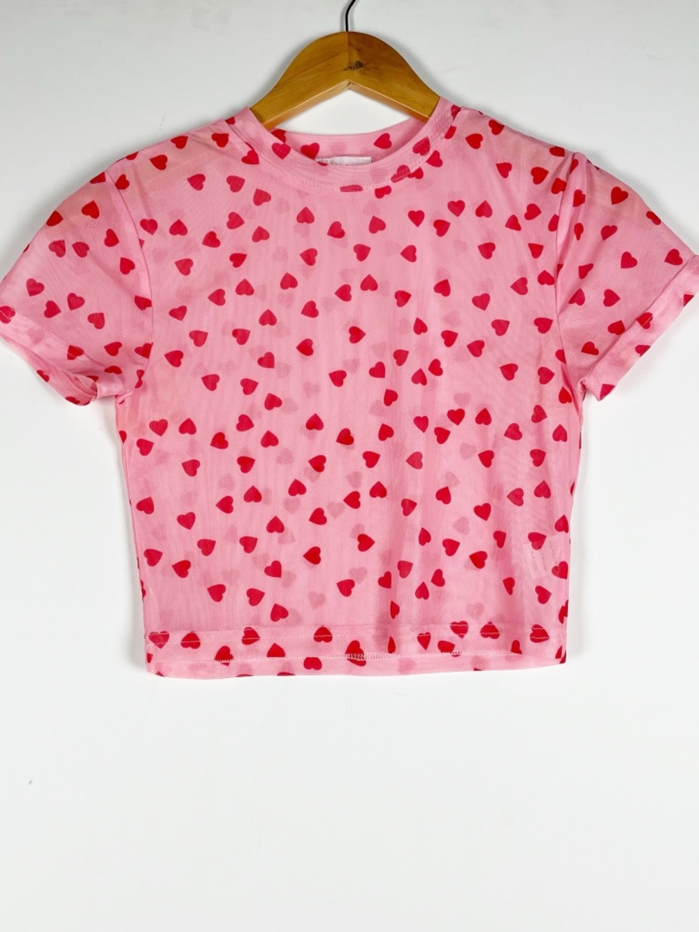 Superdown Tania Semi Sheer Mesh Cropped Short Sleeve Pink Heart Print Shirt S